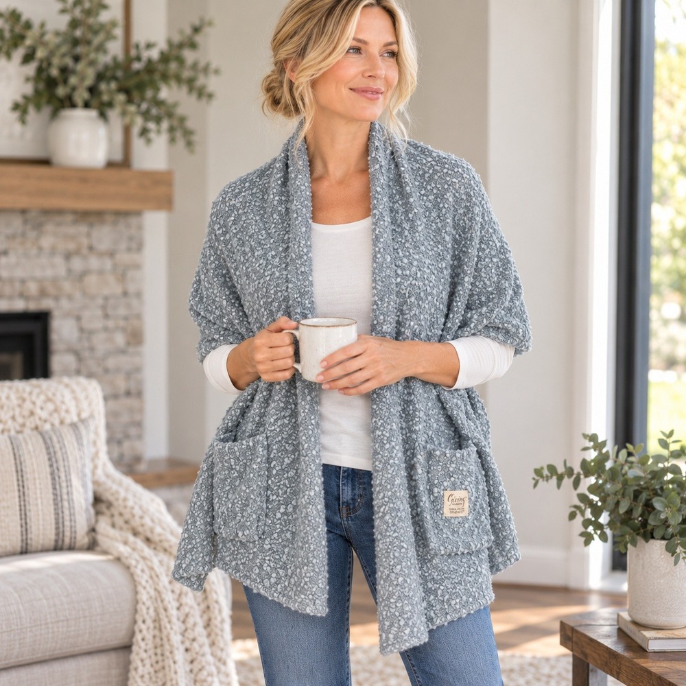 DEMDACO Giving Collection Gray Boucle Shawl Wrap Pockets One Size